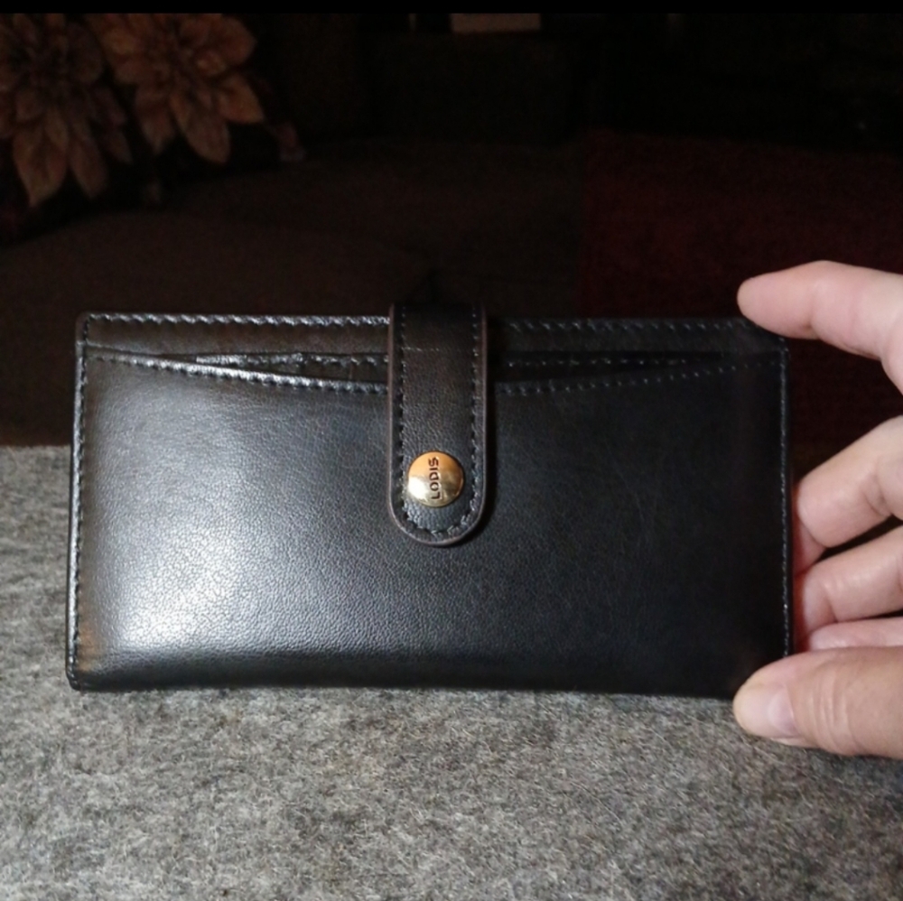 Lodis Black Leather Wallet with Gold Button